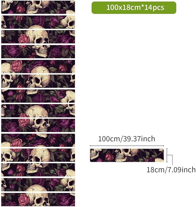 REDAMANCY Vintage Purple Rose Floral Skull Gothic Peel and Stick Vinyl Stair Riser Decals Staircase Tile Stickers Decor Modern Marble Decoration Self-Adhesive(14 Pcs)