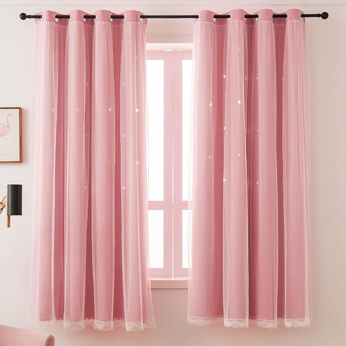 Pink Curtains Cute Blackout Curtains for Girls Bedroom 72 Inches Long Single Panel Star Cutout Nursery Curtains & Drapes Double Layer with Lace Overlay Baby Kids Room Decor 72 Inch Length