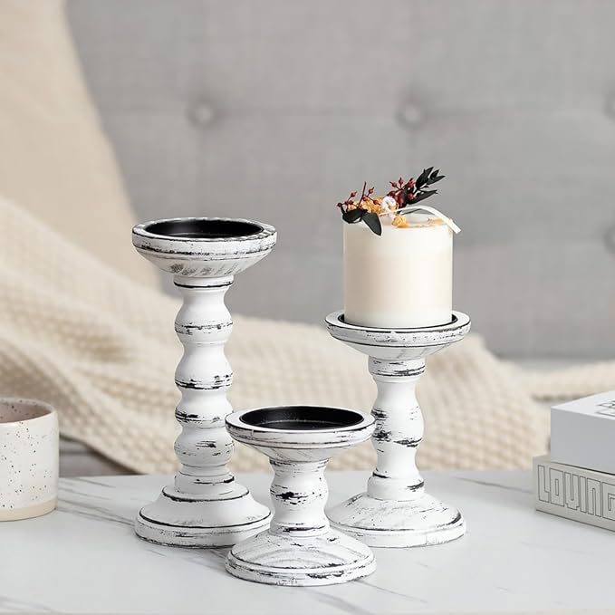 Candeldo Wood Candle Holders for Pillar, White Farmhouse Fireplace Decor | Set of 3, Table Centerpiece, Tall Shabby Chic Decor, Wooden Rustic Decorations for Mantle