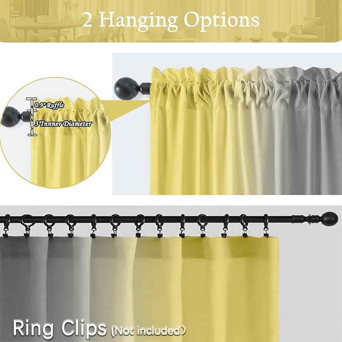 Yellow and Grayish Curtains for Living Room 63 Inch Length Ombre Curtains 2 Panel Bedroom Yellow and Grey Curtains Rod Pocket Light Filtering Window Curtain Modern Gradient Drapes