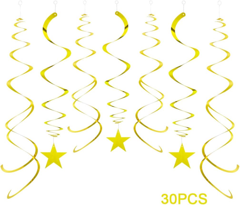 Party Swirl Decorations, Hanging Swirl for Ceiling Decorations, Gold with Star, Pack of 30
