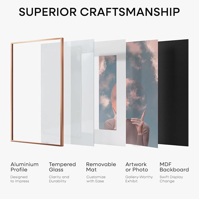 Homeforia Rose Gold 6x9 Picture Frame, High End Metal 6 x 9 Frames with Mat 4 x 6 for Print, 6by9 Desk Frame Matted to 4x6 inch Photo, 6 by 9 Wall or Tabletop Frame, Tempered Glass, Wall Kit, Set of 1