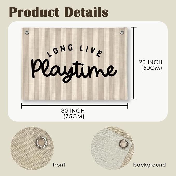Playroom Decor, Long Live Playtime Wall Hanging Linen Banner, Blue Striped Wall Flag for Kids Room Nursery Playroom Decor, 20x30 Inch-Black