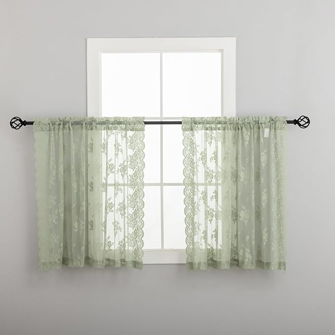 Kotile Sage Green Sheer Curtains 45 Inch Length for Kitchen Window, Country Rustic Floral Spring Sheer Lace Curtains, Rod Pocket Privacy Short Lace Curtains, 52 x 45 Inch, 2 Panels, Sage Green
