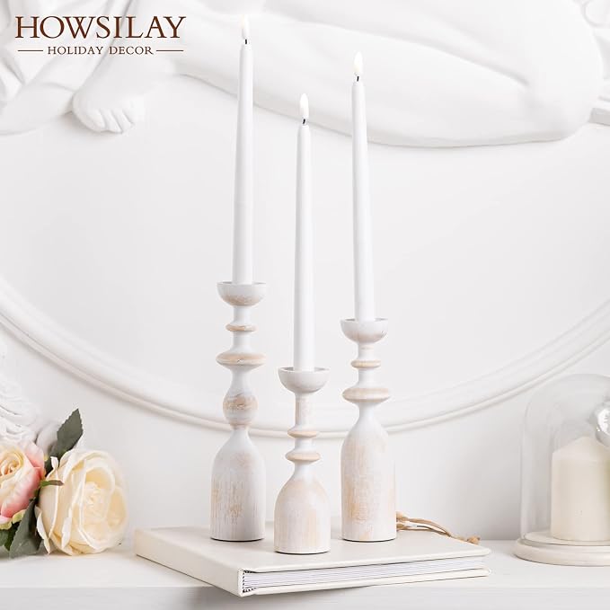 HOWSILAY Wood Farmhouse Candle Holders, Set of 3 Candlestick Holder, White | Solid Handcrafted Wood, 3 Assorted Heights, Fits Taper/LED Tea Light/Pillar Candles, Rustic & Modern Home Decor, Gift Box