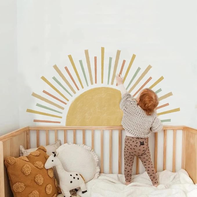 Large Boho Half Sun Wall Decals Peel and Stick, Watercolor Pastel Sun Decal Sunrise Wall Murals Stickers, Sunshine Wall Stickers for Kids Room Playroom Nursery Bedroom, 48.07" x 24.82"