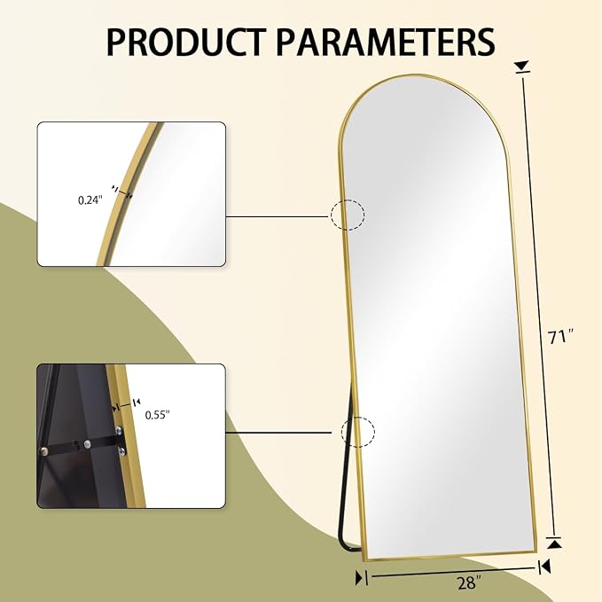BEAUTYPEAK 71"x26" Full Length Mirror, Arch Full Body Floor Mirror, Wall Mirrors Hanging or Leaning Arched-Top with Stand for Bedroom, Dressing Room, Living Room, Gold