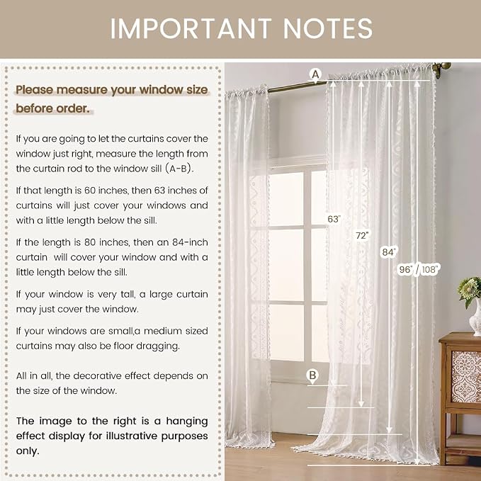 WAZZIO White Boho Lace Curtains 84 Inch -Cute Vintage Victorian Sheer Panel Drape French Country Floral Pattern & Tassel Light Filtering Privacy for Bedroom Dining Living Room,2 Panels,W52 x 84L