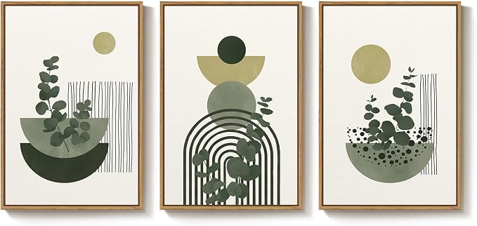 Framed Boho Botanical Wall Art for Living Room, 3 Piece Modern Green Bohemian Canvas Paintings Prints, Abstract Geometric Eucalyptus Leaf Pictures for Bedroom Dining Room Office Wall Decor, 16x24 Inch