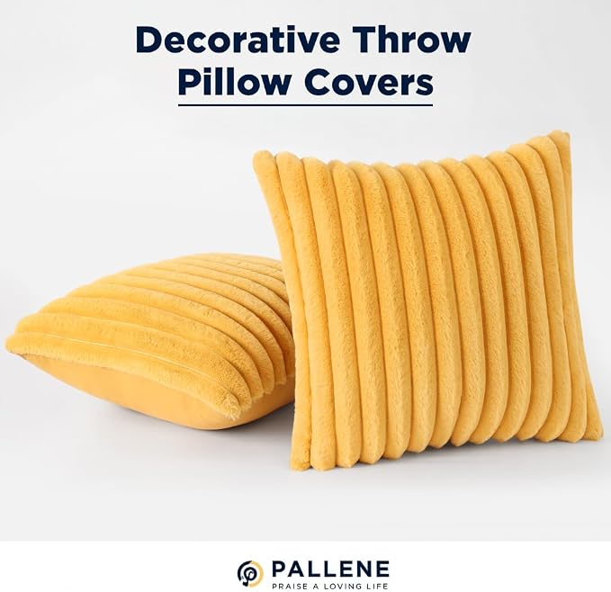 Pallene Faux Fur Plush Throw Pillow Covers 20x20 Set of 2, Luxury Soft Fluffy Striped Decorative Pillow Covers for Sofa, Couch, Living Room, Mustard Yellow