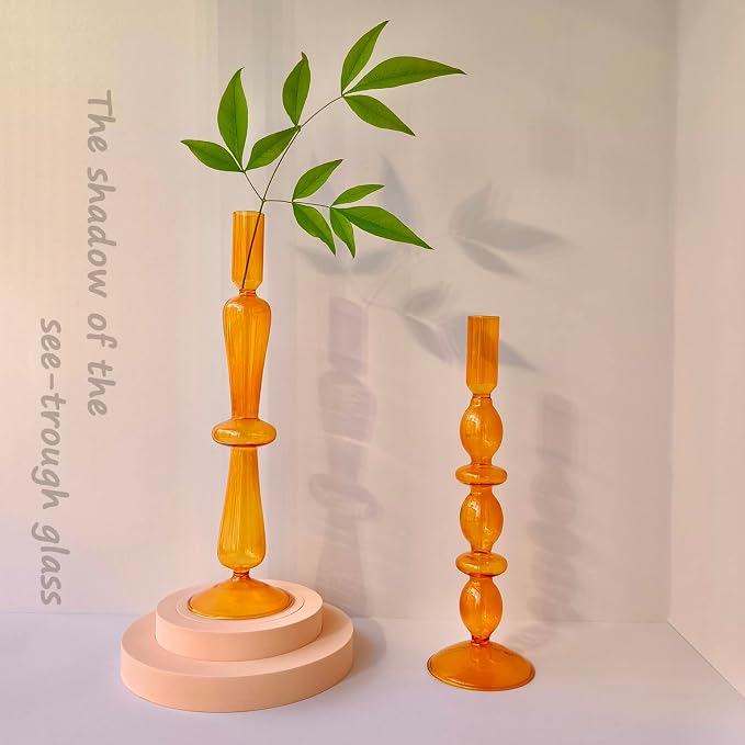 Candle Stick Candle Holder, Glass Candle Holders for Table Centerpiece, Modern Style Amber Candle Holder Mixed 4pcs