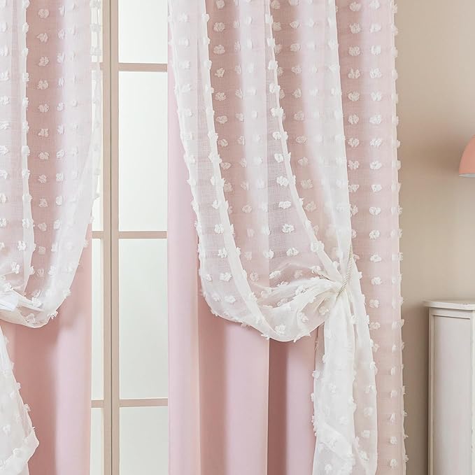 Short Blackout Curtains for Bedroom Windows,Boho Pink White Sheer Overlay Pom Pom Ruffle Double Layer Privacy Curtains for Nursery Girls Room Bathroom 45 Inch Length
