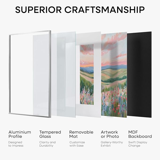 Homeforia 10 x 30 Picture Frame Silver, High End Metal 10x30 Poster Frames with Mat 8x24 Photo, 10 x 30 Silver Frames Matted to 8 x 24 Print, 30by10 Panoramic Frame, Tempered Glass, Wall Kit, Set of 2