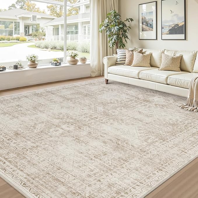 Area Rugs 9x12 Living Room: Vintage Boho Neutral Washable Rug Indoor Soft Large Area Rug Carpet for Bedroom Nursery Farmhouse Dining Room Office Floor Non-Slip Low Pile Under Table Rug Brown