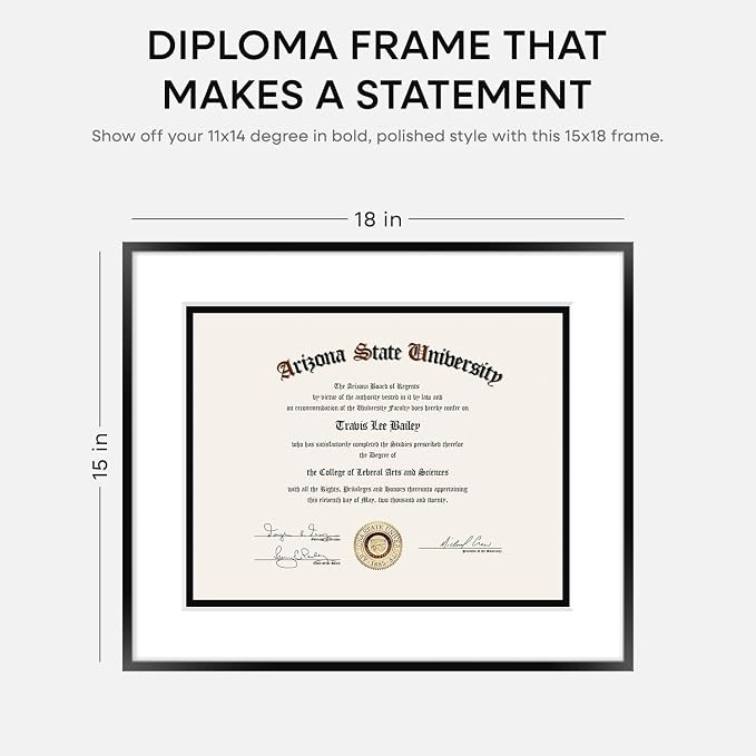 Homeforia 15x18 Diploma Frame Black, High End Metal 15 x 18 Black Certificate Frame with Mat 11 x 14, 18x15 Document Frame Matted to 11x14, Graduation Degree Frames, Tempered Glass, Wall Kit, Set of 3