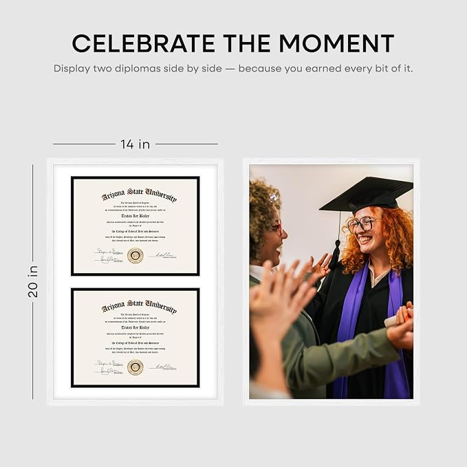 Homeforia 14x20 Double Diploma White Frame, High End Oak 14 x 20 Certificate Wood Frames with Mat for Two 8.5x11 Diplomas, 20x14 Wooden Dual Award Graduation Frames, Tempered Glass, Wall Kit, Set of 2