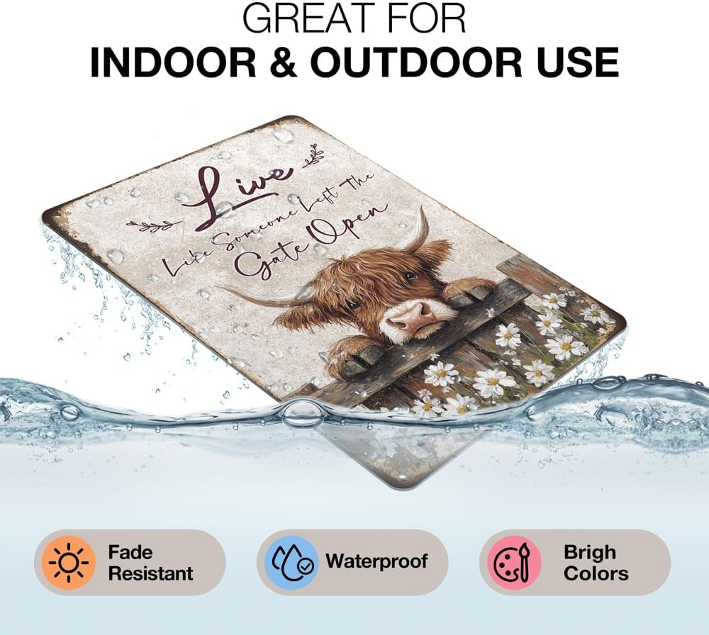 Heuhuww Vintage Highland Cow Decor-Live like Someone Left the Gate Open Tin Sign Farmhouse Wall Art for Home Office Bathroom Highland Cow Gifts 12" x 8"(H17)