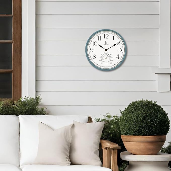 Outdoor Clocks for Patio Waterproof with Thermometer — Teal 9.5 Inch Indoor Outdoor Wall Clock with Temperature Display — Weatherproof, Accurate & Easy to Read for Pool, Garden & Home Decor