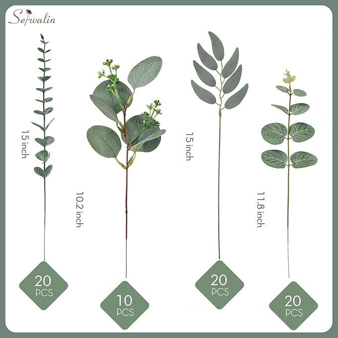 Serwalin 70pcs Artificial Mixed Eucalyptus Stems Leaves Bulk, 4Kinds Fake Greenery Silver Dollar Eucalyptus Leaves Picks,Faux Greenry Stems Sprays for DIY Bouquets Floral Arrangement Home Decor