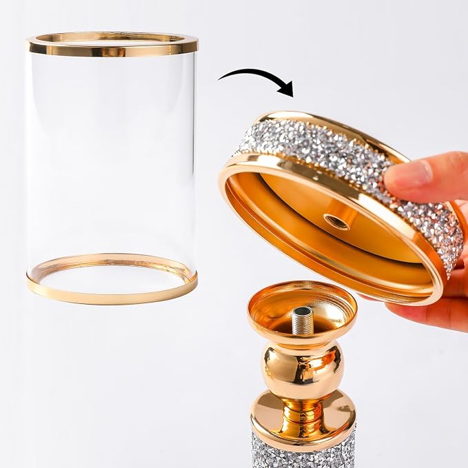 Hurricane Candle Holder, 15.9" Tall Metal Candle Stand, Glass Pillar Candle Holders, Crystal Gold Decorative Centerpieces for Table, Wedding and Dining Room (Fits Candles up to 3"x5", 2pcs, L)