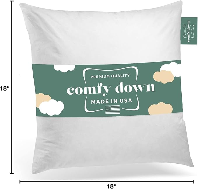 ComfyDown 18x18 Throw Pillow Insert, Down & Feather Fill, 100% Cotton Cover, Made in USA – Premium Soft Decorative Pillow Form Sham Stuffer for Bed, Sofa & Couch
