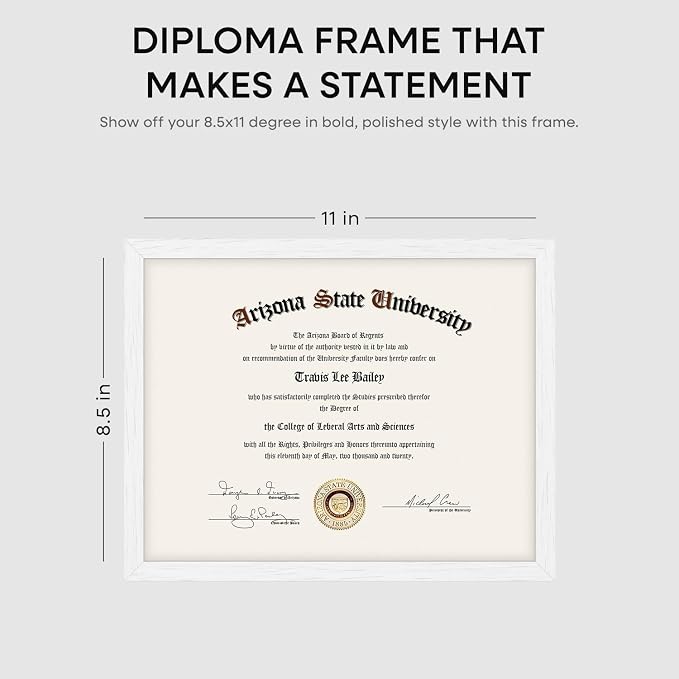 Homeforia 8.5 x 11 Diploma Frame White Wood, High End Oak 8.5x11 Certificate Frames, 11x8.5 Document Frames for Wall or Tabletop, 8.5 by 11 Award White Wooden Frame, Tempered Glass, Wall Kit, Set of 3