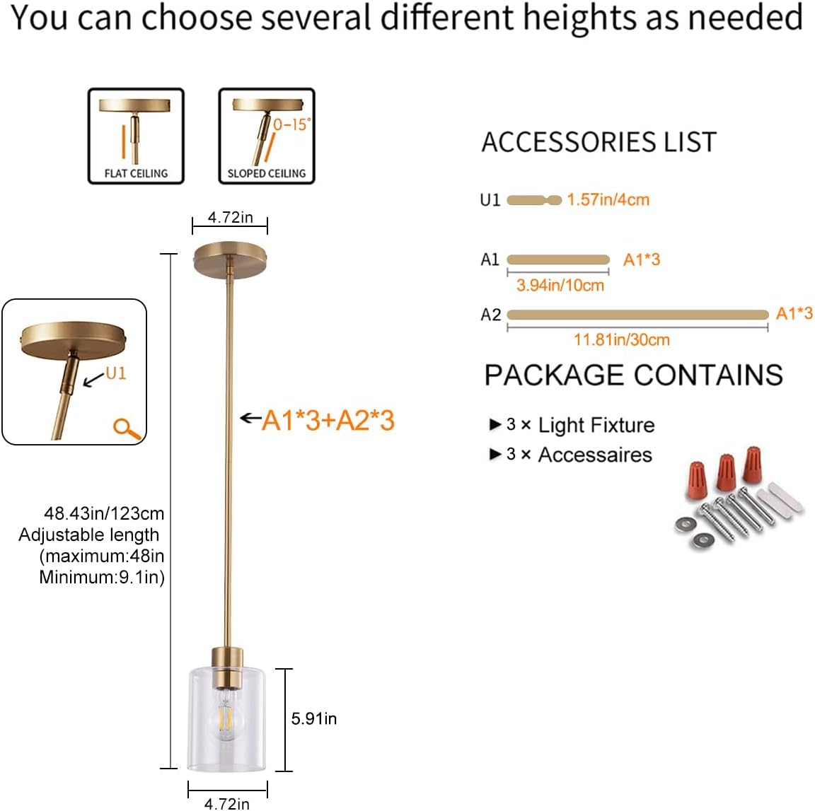 Brass Pendant Lights Kitchen Island - Gold Clear Glass Pendant Light Fixture Multiple Stems Rods 3 Units 12 Inch 3 Units 4 Inch (3 Pack Brass)