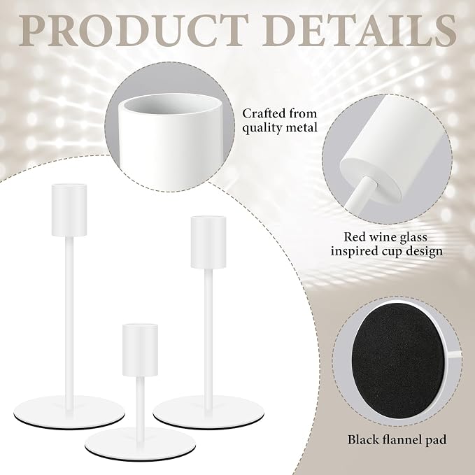 6 Set Candle Holders Bulk with 10'' Dripless Taper Candles 3.3'' 5.5'' 6.3'' Metal Candlestick Holders Vintage Modern Decorative Table Centerpiece for Wedding Birthday Home Decor (White)