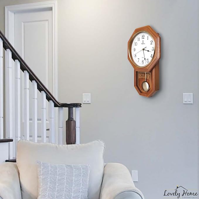 Pendulum Wall Clock Battery Operated - 18x11 Real Wood Regulator Clock - Schoolhouse Design with Pendulum - Quiet, Non-Chiming - Wooden Wall Decor for Living Room Decor, Home, Office and Gift