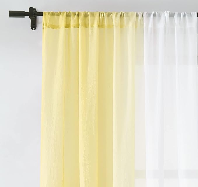 Ombre Chiffon Sheer Curtains Yellow for Living Room Gradient Crinkle Semi Voile Curtain Panels for Bedroom Light Filtering Window Drapes for Office, Patio, Holiday Decor, Rod Pocket, 52"Wx95"L, 2 Pcs