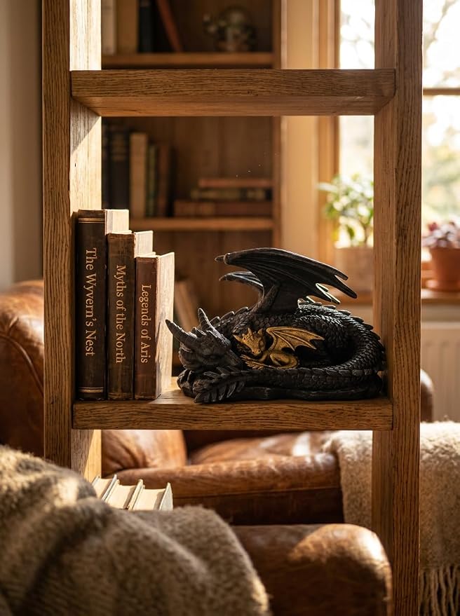 Stylor Black Dragon Statue Decor - Black & Golden Dragon Duo Figurine Bookshelf Decor, Hand-Painted Fantasy Gift for Bookish Book Lovers, Resin Mythical Sculpture Aesthetic Room Decoration