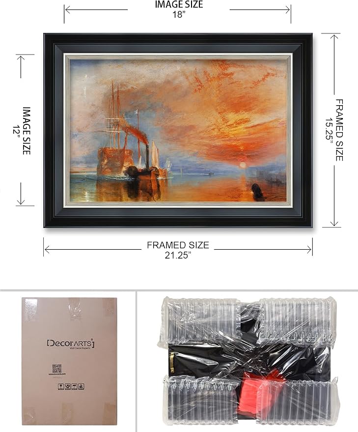 DECORARTS - The Fighting Temeraire by William Turner. Giclee Print on Canvas. Oil Painting Reproduction with Framed Wall Art. Ideal for Home and Office Decor. Total Size w/Frame: 15.25x21.25