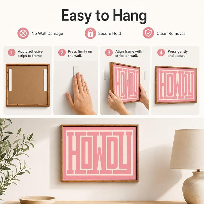QIYFFBN Framed Pink Howdy Wall Art Western Cowgirl Picture Decor 24x36in | Cream Preppy Canvas Painting,Retro Southwestern Country Prints,Farmhouse Living Room Bedroom For Teen Girls Wall Decor