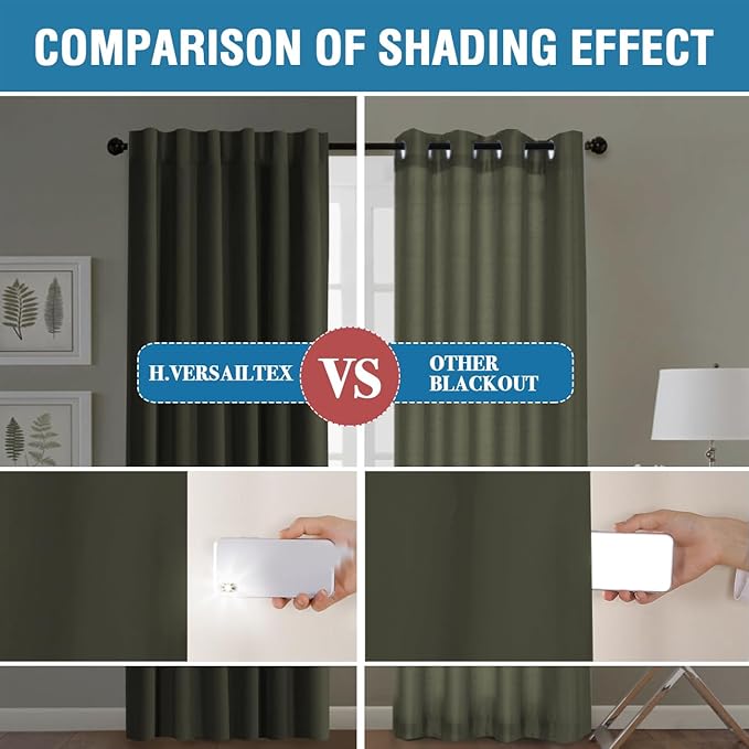 H.VERSAILTEX 100% Blackout Curtains for Bedroom with Black Liner Full Room Darkening Curtains 45 Inch Long Thermal Insulated Back Tab/Rod Pocket Window Drapes for Living Room, 2 Panels, Olive