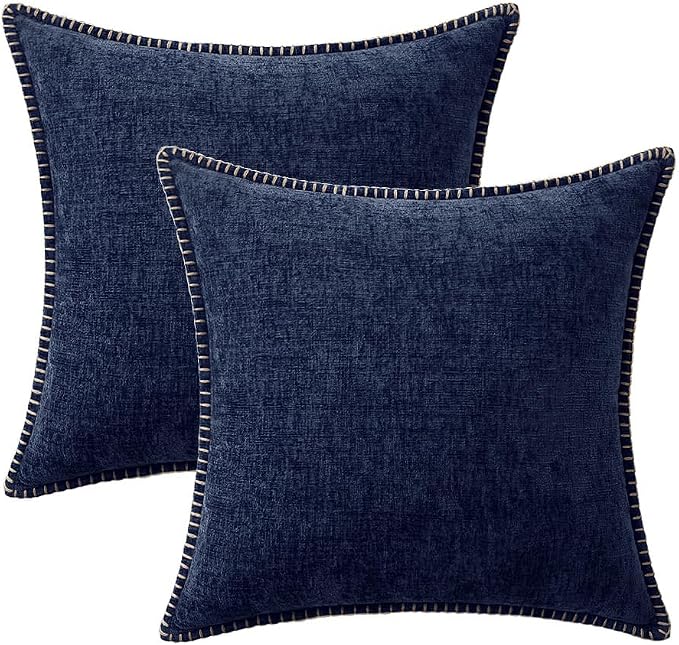 MIULEE Pack of 2 Couch Throw Pillow Covers 20x20 Inch Navy Blue Farmhouse Decorative Pillow Covers with Stitched Edge Soft Chenille Solid Dyed Pillow Covers for Sofa Bed Living Room