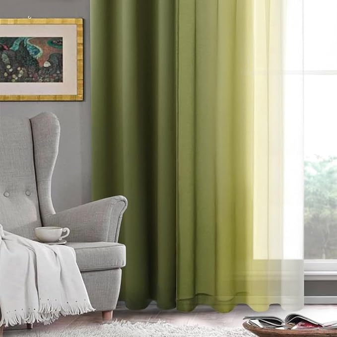 DWCN Ombre Sheer Curtains - Faux Linen Gradient Semi Voile Grommet Top Bedroom and Living Room Curtains, Set of 2 Window Curtain Panels, 52 x 63 Inch Length, Olive Green