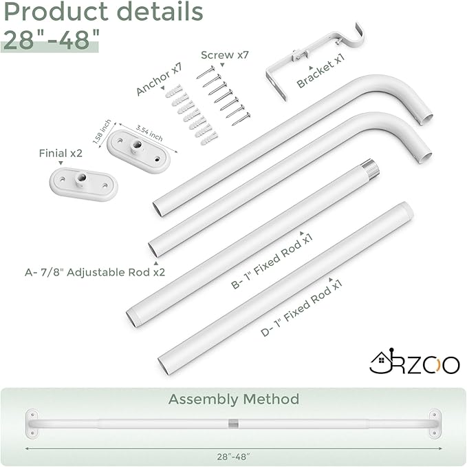 Wrap Around Curtain Rods White, Blackout Heavy Duty Curtain Pole for Windows 28 to 48 Inch, 1" Decorative Room Darkening Curved Modern Drapery Rod (White/Unique Design/All Metal)