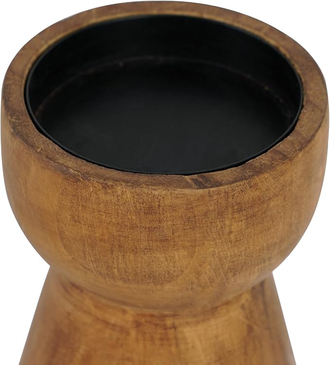 NIKKY HOME Farmhouse Wooden Pillar Candle Holders Set of 2, Mantel Decor | Rustic Brown Solid Wood Candle Pedestal, Decorative Short Base Stand, Adds Natural Charm to Fireplace Table Centerpiece