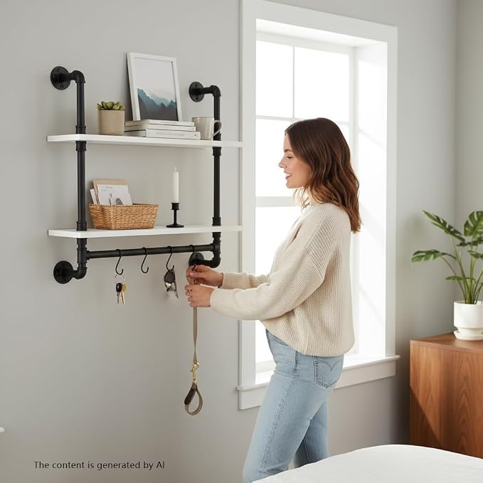 ROGMARS White Floating Wall Shelves Industrial Pipe Shelving 30 Inch | Wood Bathroom Shelves with Towel Bar Over Toilet, Rustic Farmhouse Pipe Wall Shelves for Kitchen Living Room