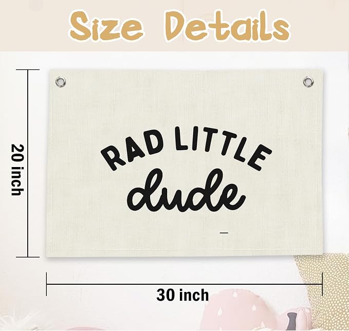 RTXLEZM Boys Room Decor, Rad Little Dude Room Canvas Banner Wall Hanging, Minimalist Black and White Wall Art Prints for Kids Toddler Boys Nursery Bedroom Playroom Decor, 20x30 Inch