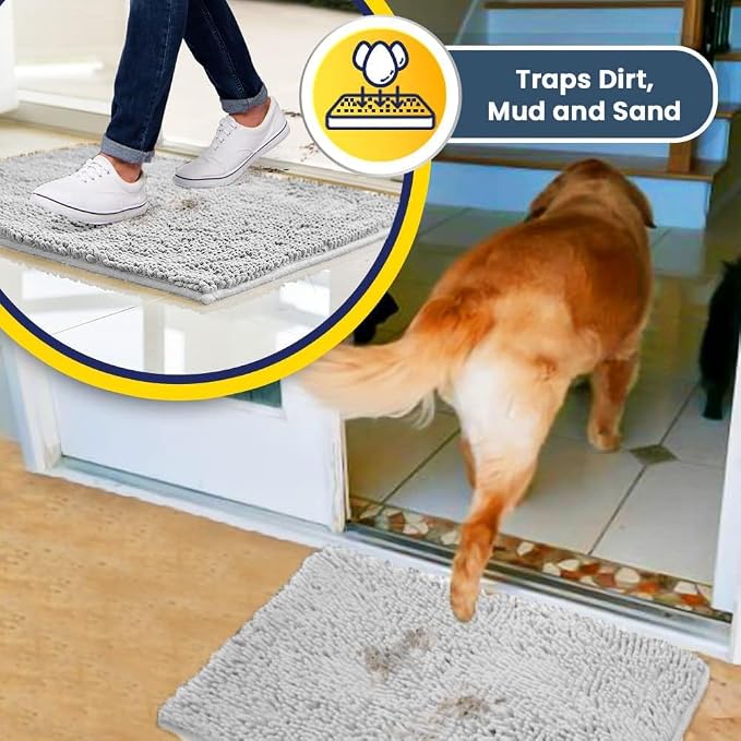 Muddy Mat® | Super Water Absorbent Door Mat Indoor, Microfiber Quick Dry Chenille Entryway Rug, Slip Resistant Front Door Mat, Indoor Mats for Entryway, Machine Washable Pet Rug, White 22" x 36"
