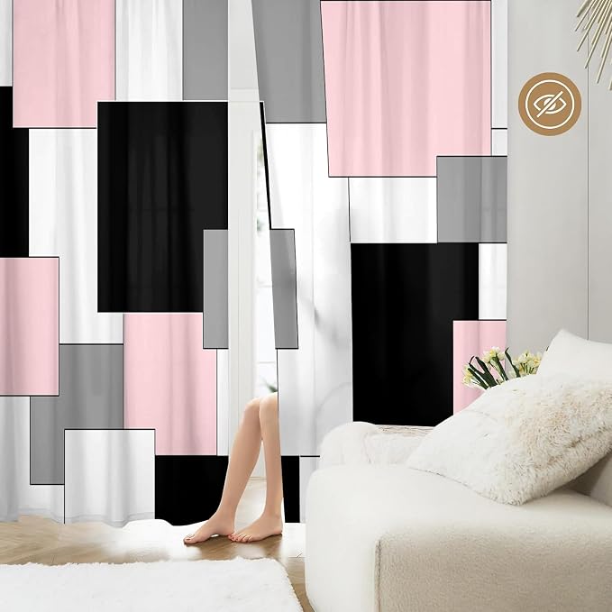 Pink and Black Curtains 84 Length for Living Room Modern Pink Black Geometry Curtains Grey Abstract Rod Pocket Curtain for Bedroom Kitchen Girls Room Window Drapes 2 Panels