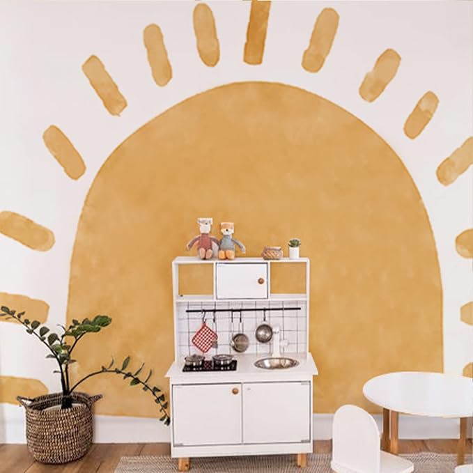 Large Fabric Watercolor Boho Half Sun Wall Decals Peel and Stick, Pastel Sunrise Mural Stickers, Sunshine Wall Arch Art Decor for Kids Baby Room Playroom Nursery Bedroom, 94.49" x 70.87"