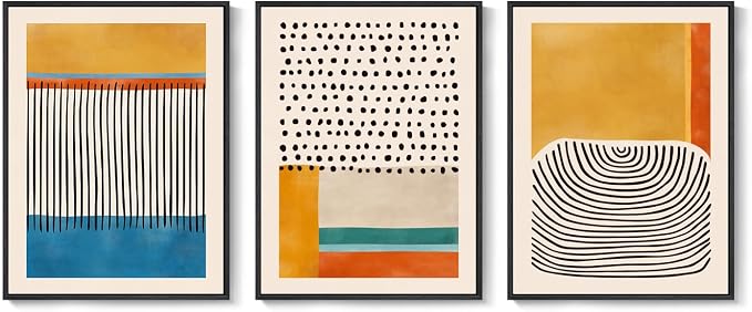 Framed Abstract Mid Century Modern Wall Art Bedroom, 3 Piece Colorful Bright Blue Yellow Canvas Artwork for Walls, Modern Paintings Prints Pictures for Living Room Hallway Kitchen Wall Decor, 12x16 In