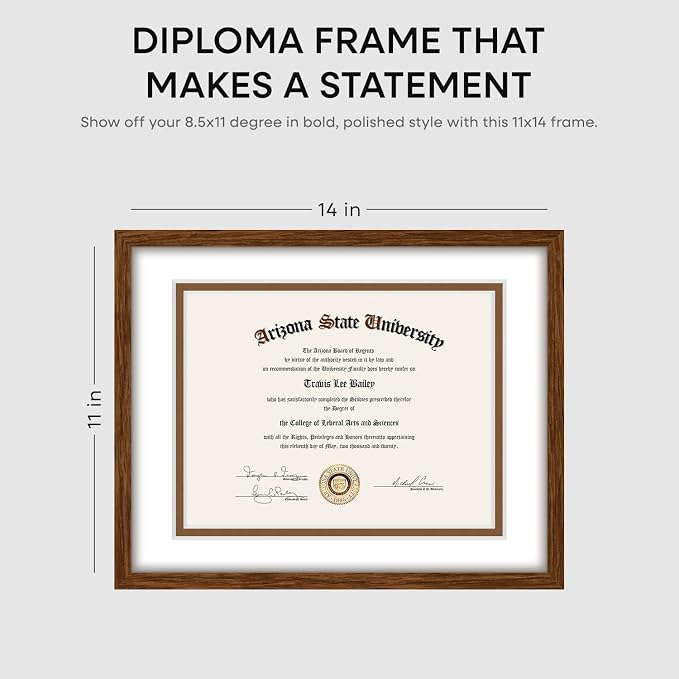 Homeforia 11x14 Diploma Frame Brown Wood, High End Dark Oak 11 x 14 Certificate Frames with Mat 8.5x11, 14x11 Document Matted Frame, Walnut Wooden Graduation Frames, Tempered Glass, Wall Kit, Set of 1