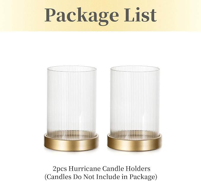 Hewory Ribbed Hurricane Candle Holder: Gold Votive Candle Holders Set of 2, Glass Hurricane with Metal Candle Plate, Pillar Candle Holder for Table Centerpiece Christmas Wedding Holiday Home Decor
