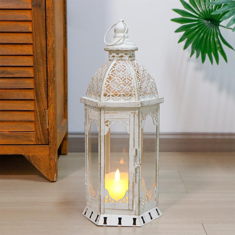JHY DESIGN Decorative Candle Lantern 15''H Vintage Metal Candle Holder for Garden Living Room Indoor Outdoor Parties Weddings Patio(White with Gold Brush)