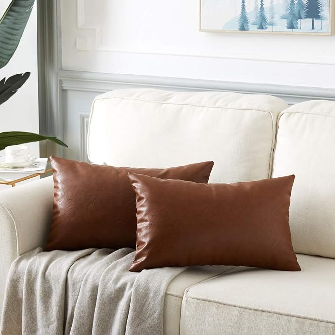 Fancy Homi Faux Leather Boho Decorative Throw Pillow Covers, Thick Modern Solid Square Cushion Case Set for Couch Sofa Bedroom Car Living Room (12x20 Inch/30x50 cm, Brown)