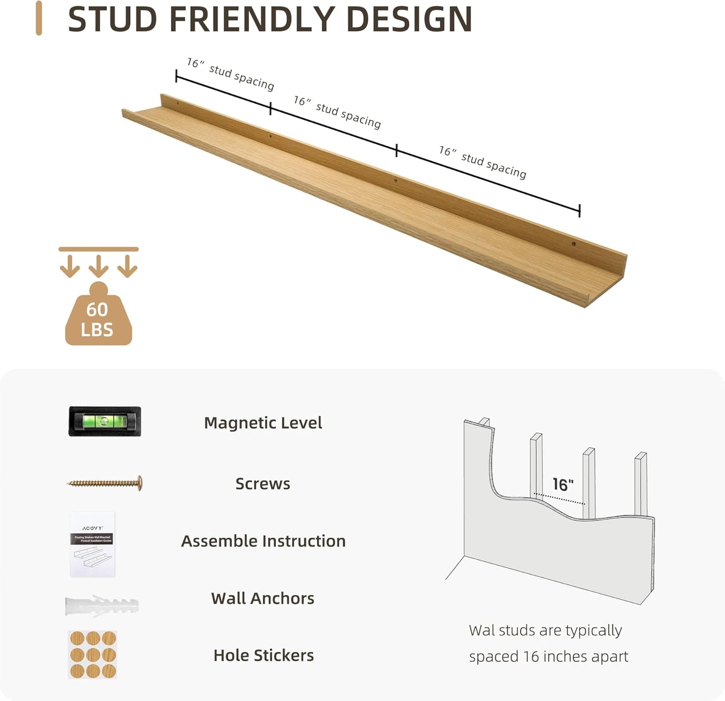 Picture Ledge Shelf, Wood Long Floating Shelves for Wall, Set of 2, 56 inch Picture Ledge Shelves, Photo Ledge Nursery Book Shelves Wall Mounted for Living Room Kids' Room Bedroom, Color Oak