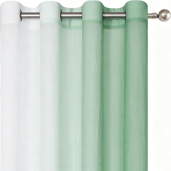 Purainbow Green Ombre Sheer Curtains for Living Room Chiffon Crinkle Semi Sheer Curtain Panels for Bedroom Decor, Light Filtering Gradient Window Treatments with Grommet Top, 2 Panels, 52" Wx95 L